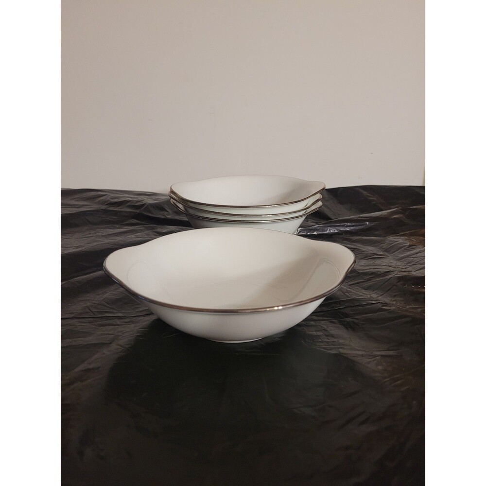 FOUR Noritake Fremont #6127 Lugged Cereal Bowl White with Platinum Trim